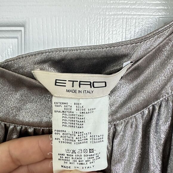 Etro Silver Gray Metallic Pleated Midi Skirt 100% Silk Size 46 /US 10 - Picture 14 of 16